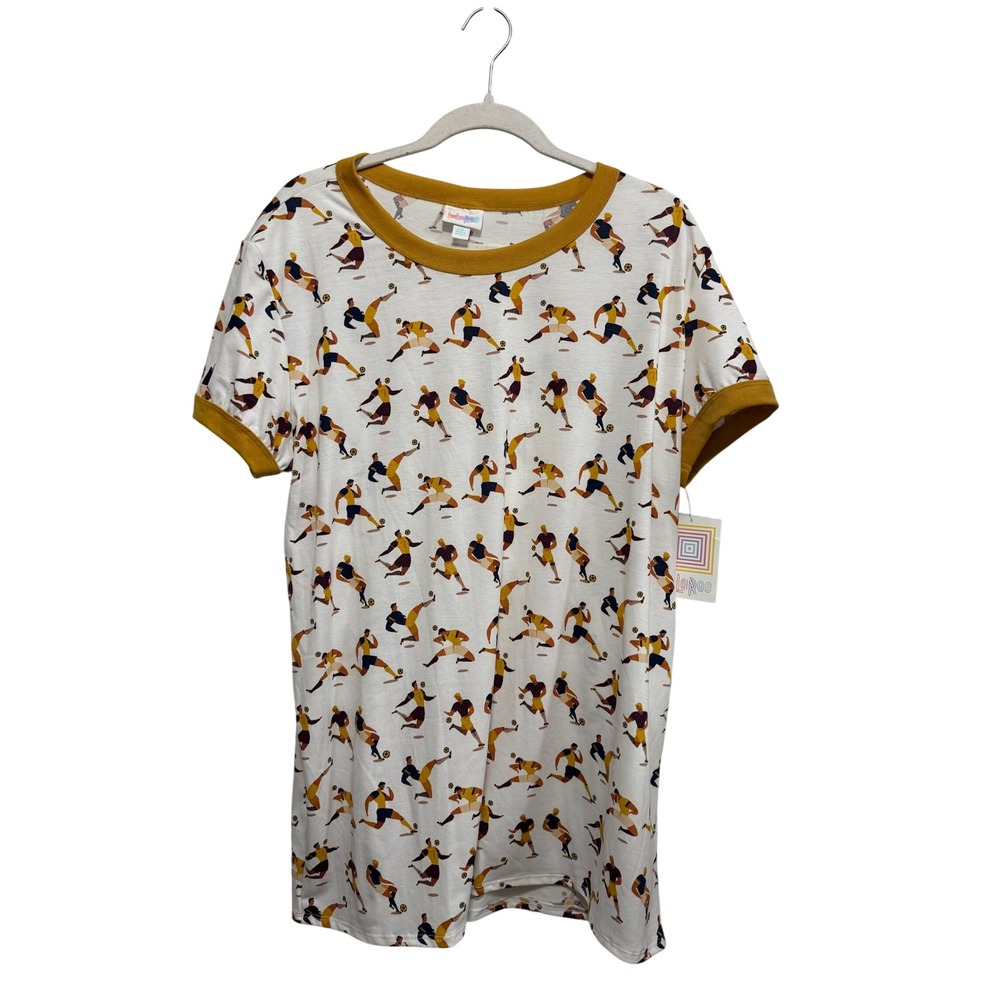 LuLaRoe Liv T-Shirt Womens 2XL White Mustard Yellow Soccer Player Ringer Tee NEW